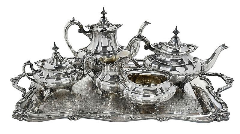 Appraisal: Five Piece Sterling Tea Service Silver Plate Tray American Hampton