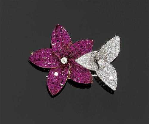 Appraisal: RUBY AND BRILLIANT-CUT DIAMOND BROOCH Yellow and white gold Elegant