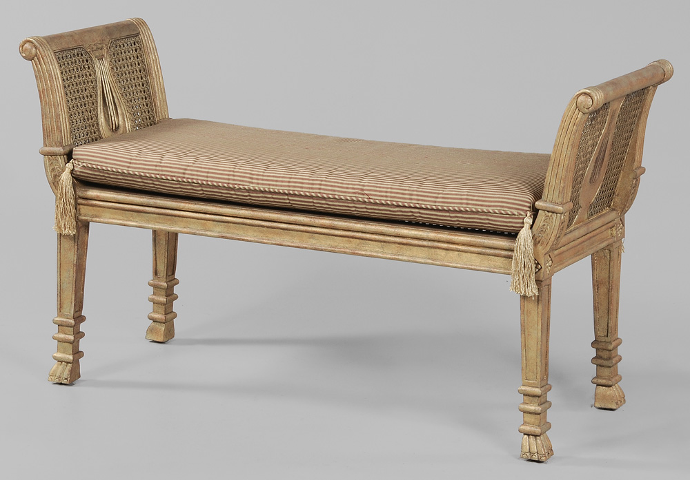 Appraisal: Empire Style Gilt and Gold-Painted Caned Window Bench modern pierced