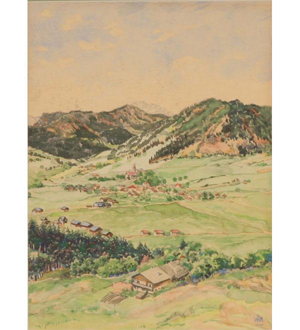 Appraisal: Bavarian mountain landscape watercolor x dated and signed with monogram