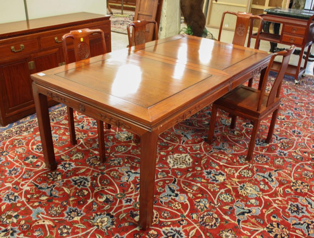 Appraisal: TEAKWOOD DINING TABLE SIX CHAIRS AND TWO LEAVES SET Chinese