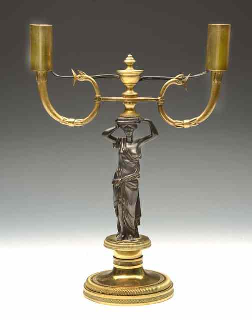 Appraisal: A REGENCY BRONZE AND ORMOLU TWO BRANCH CANDELABRA of classical