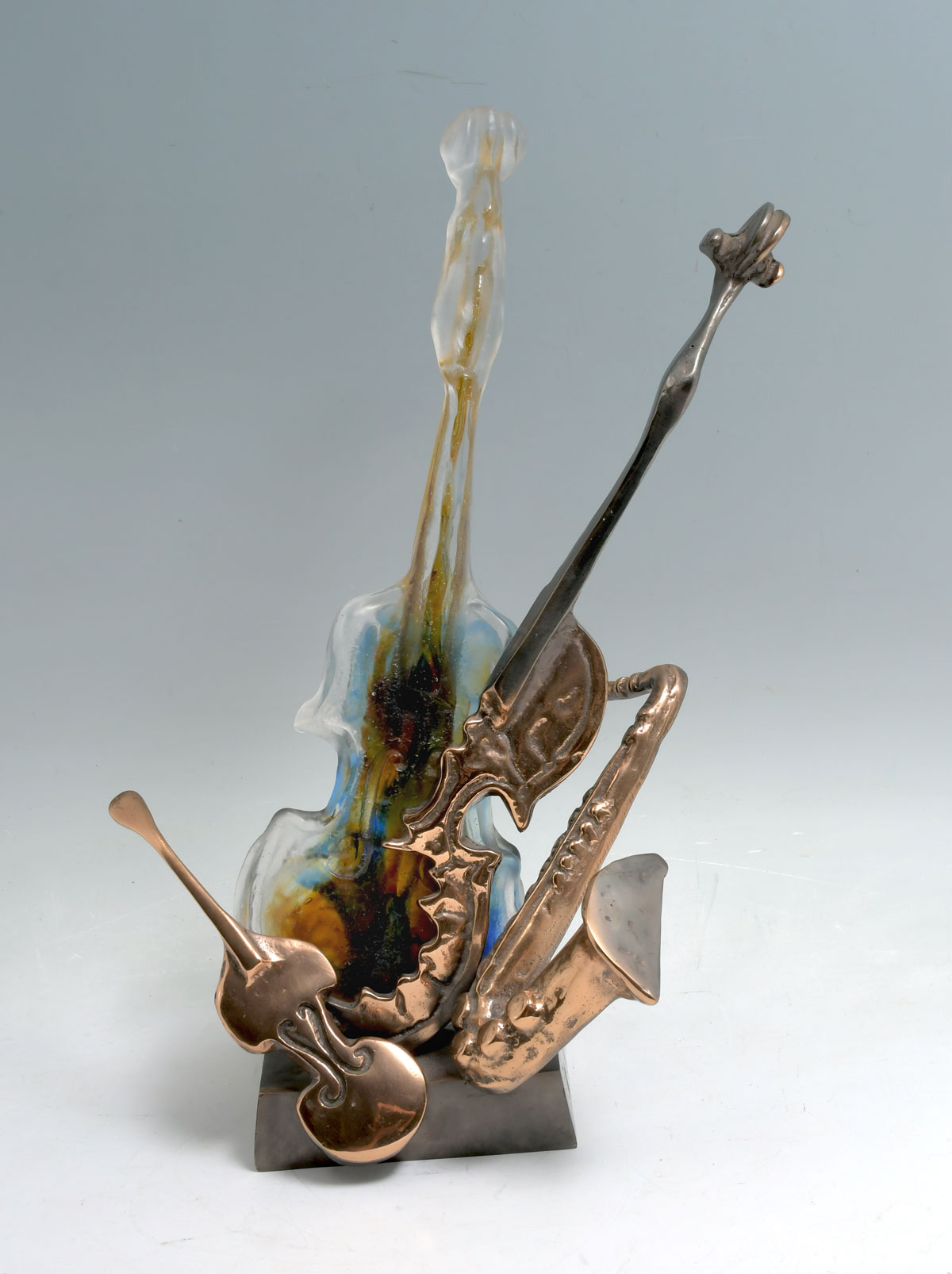 Appraisal: L'OHE MIXED MEDIA MUSICAL SCULPTURE Glass and Bronze Fiddle Cello