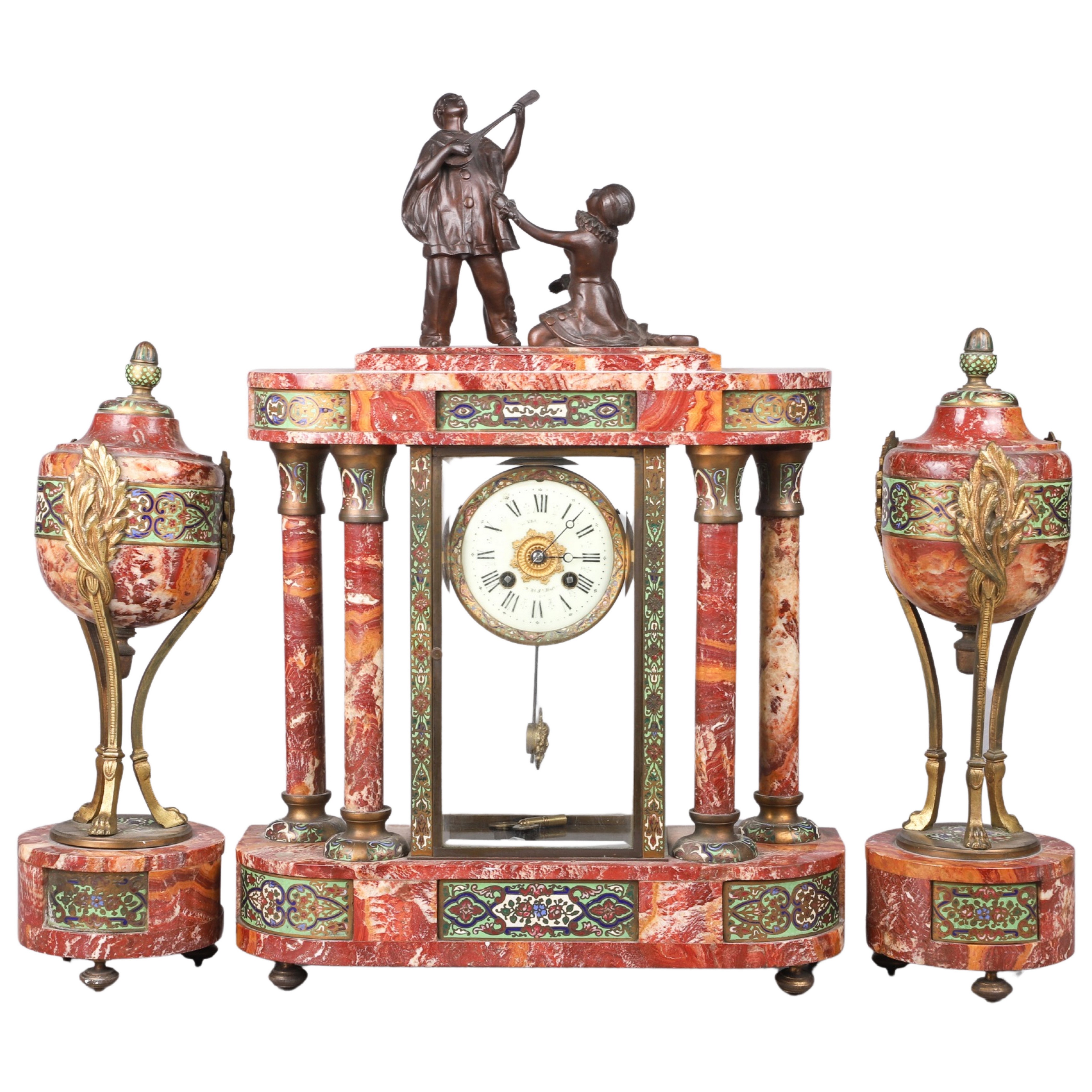 Appraisal: Pc Bronze Champleve Brown Marble French Clock Set - porcelain