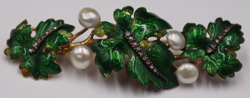 Appraisal: JEWELRY KT GOLD ENAMEL PEARL AND DIAMOND Brooch kt yellow