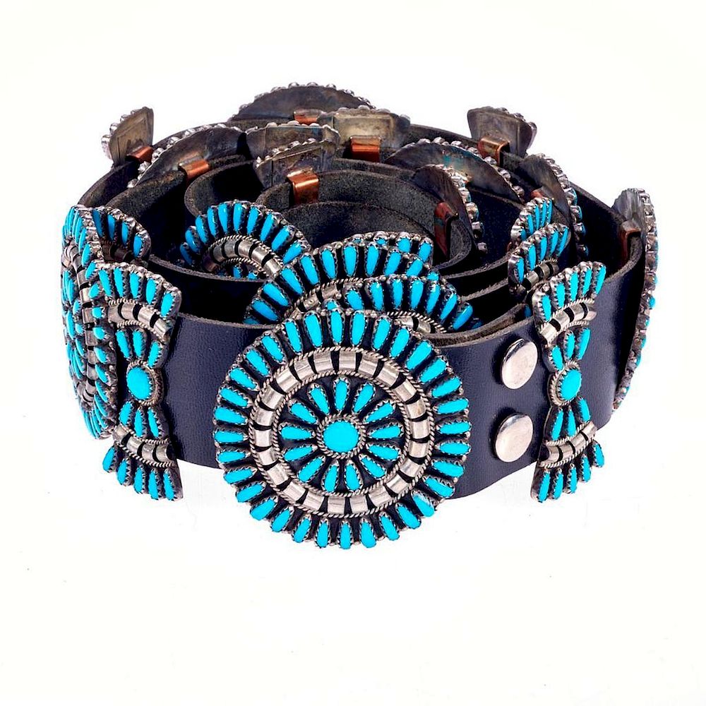 Appraisal: OLD PAWN CONCHO BELT Old Pawn Navajo concho turquoise silver