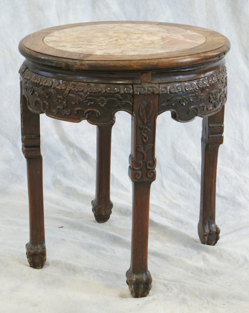 Appraisal: Carved rosewood Chinese taboret with brown marble insert diameter x