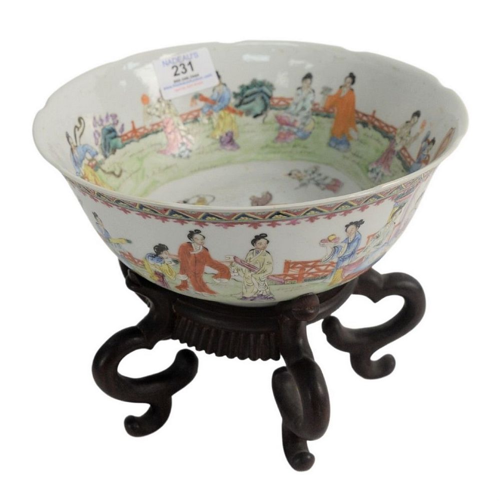 Appraisal: Famille Rose Scalloped Edged Bowl decorated with woman and boys