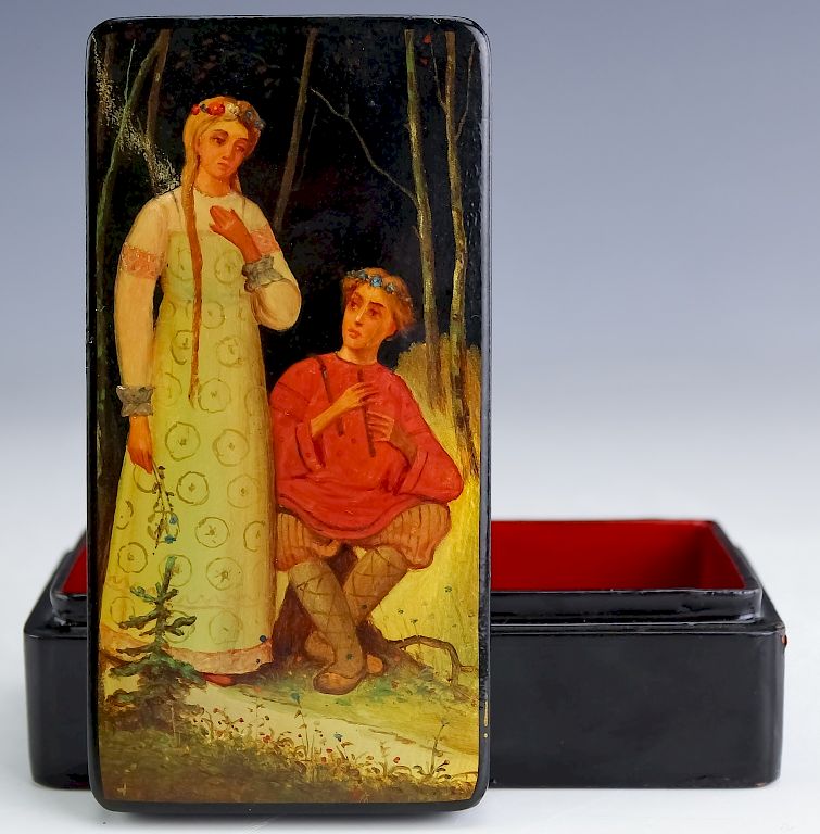 Appraisal: Russian Lacquer Figural Allegorical Lidded Box Russian lacquer box Features