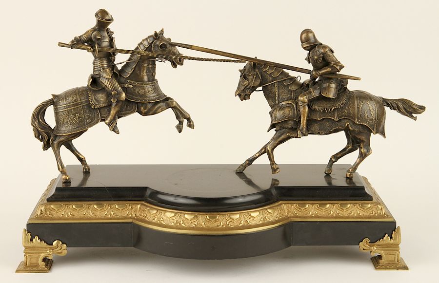 Appraisal: BRONZE FIGURAL GROUP OF JOUSTING KNGHTS ONYX BASE A bronze