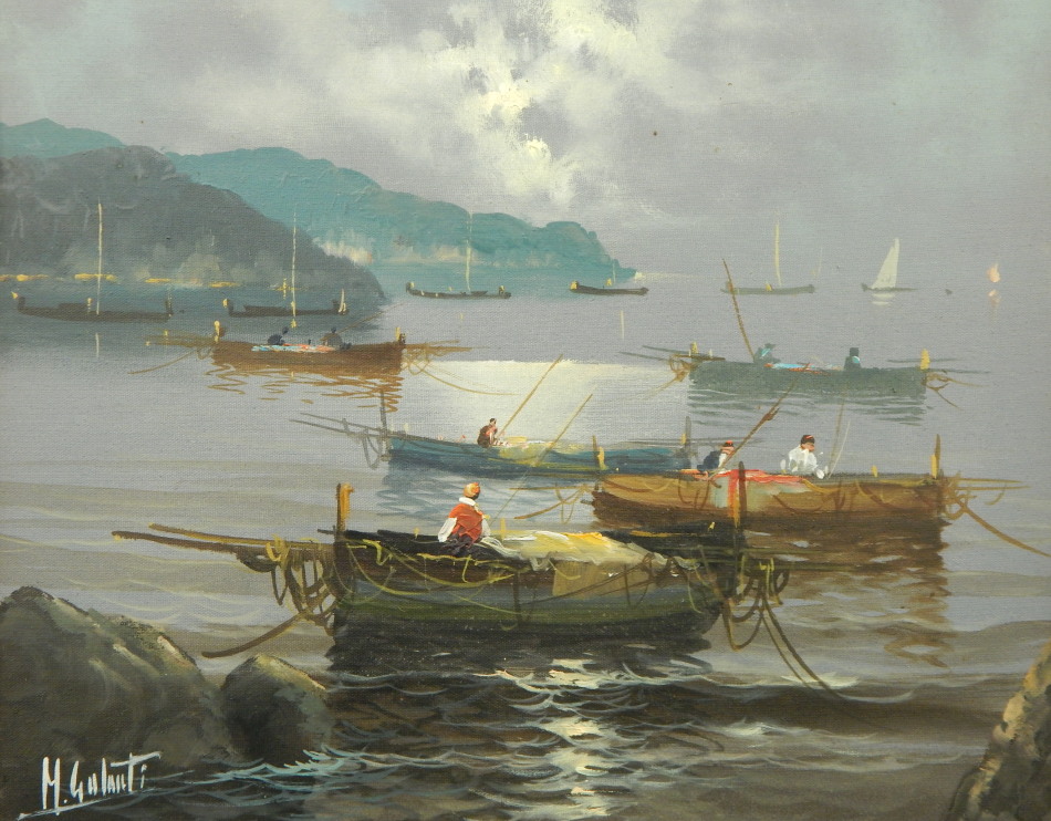 Appraisal: Mario Galanti - Fishing boats in coastal scene oil on