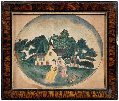 Appraisal: Southern folk art watercolor two girls one playing an instrument