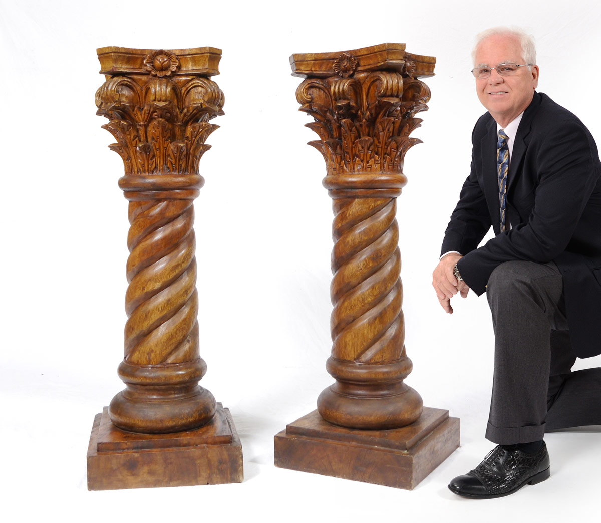 Appraisal: PAIR CARVED CORINTHIAN PEDESTALS Capital with volutes and acanthus leaves