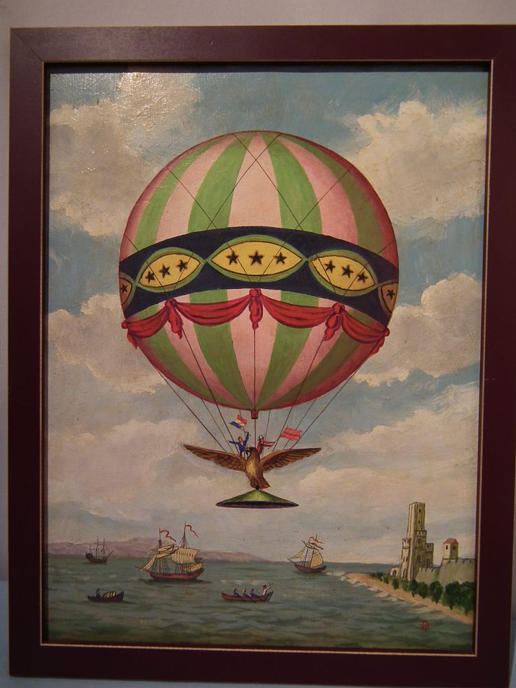 Appraisal: HOT AIR BALLOON PAINTING Whimsical vintage oil painting on wood