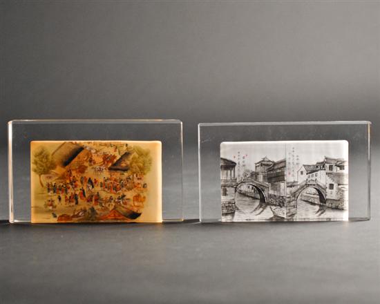 Appraisal: Two Chinese Inside Painted Glass Blocks one with double side