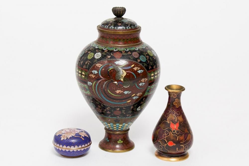 Appraisal: Japanese Cloisonne Covered Jar Antique More Three Japanese cloisonne pieces