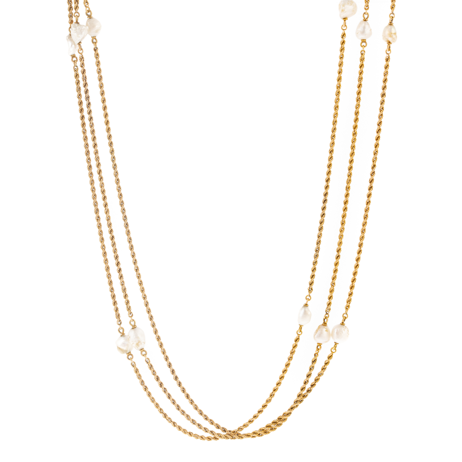 Appraisal: A K TRIPLE-STRAND KESHI PEARL STATION NECKLACE K yellow gold