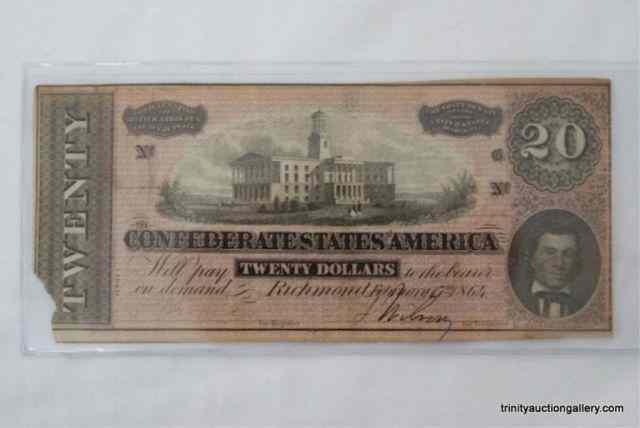 Appraisal: Confederate States Dollar Currency Note Authentic Confederate dollar currency note