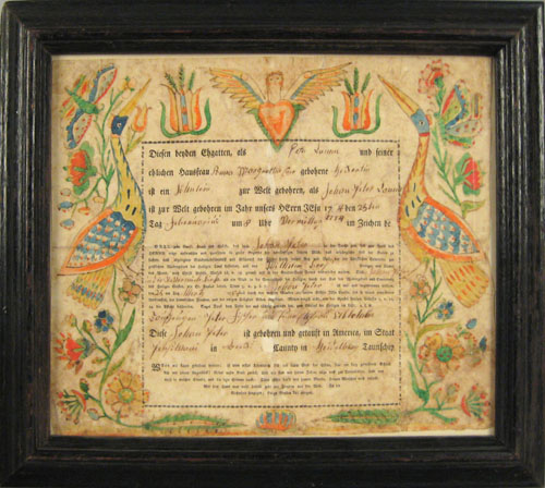 Appraisal: Southeastern Pennsylvania printed and hand colored fraktur dated with central