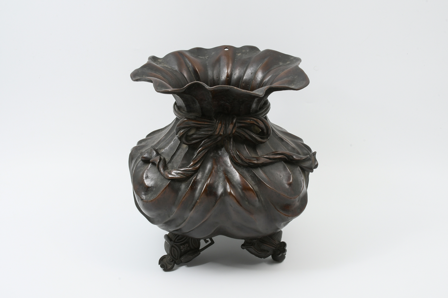 Appraisal: ASIAN BRONZE BAG FORM VASE Bronze bag form vase having