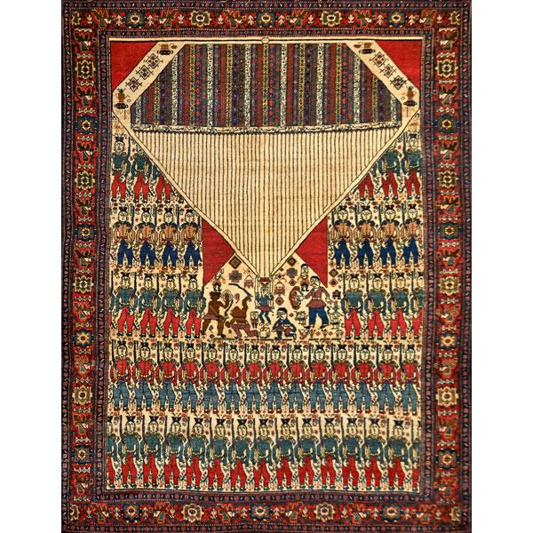 Appraisal: PERSIAN PICTORIAL RUG Marching soldiers with central medallion of military