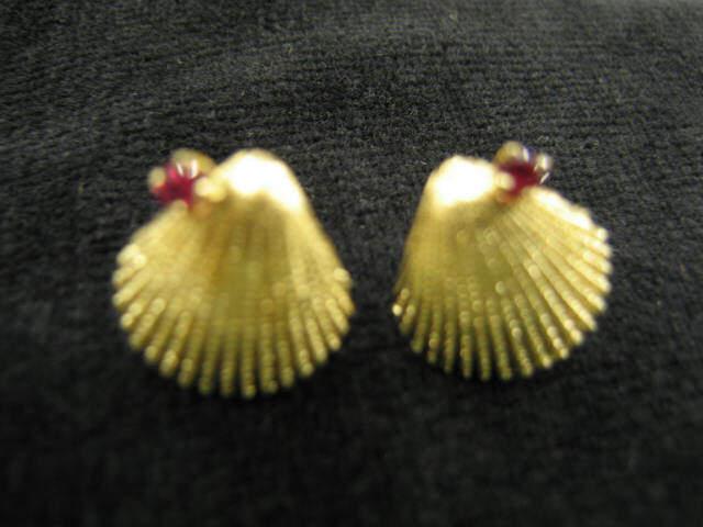 Appraisal: Tiffany k Ruby Earrings shell form pierced style yellow gold