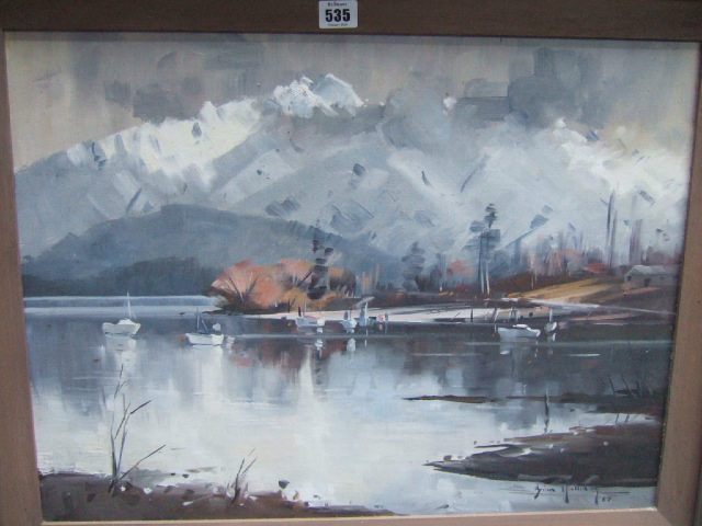 Appraisal: Brian Halliday th century Canadian Lake scene mountains beyond oil