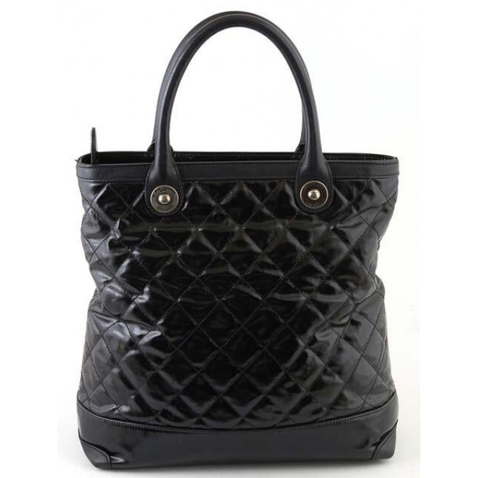 Appraisal: Chanel Black Patented Quilted Leather Logo Charm Tall Tote Handbag