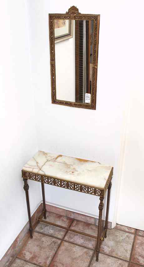 Appraisal: MIZNER STYLE BRASS HALL TABLE WITH MIRROR Marble top with