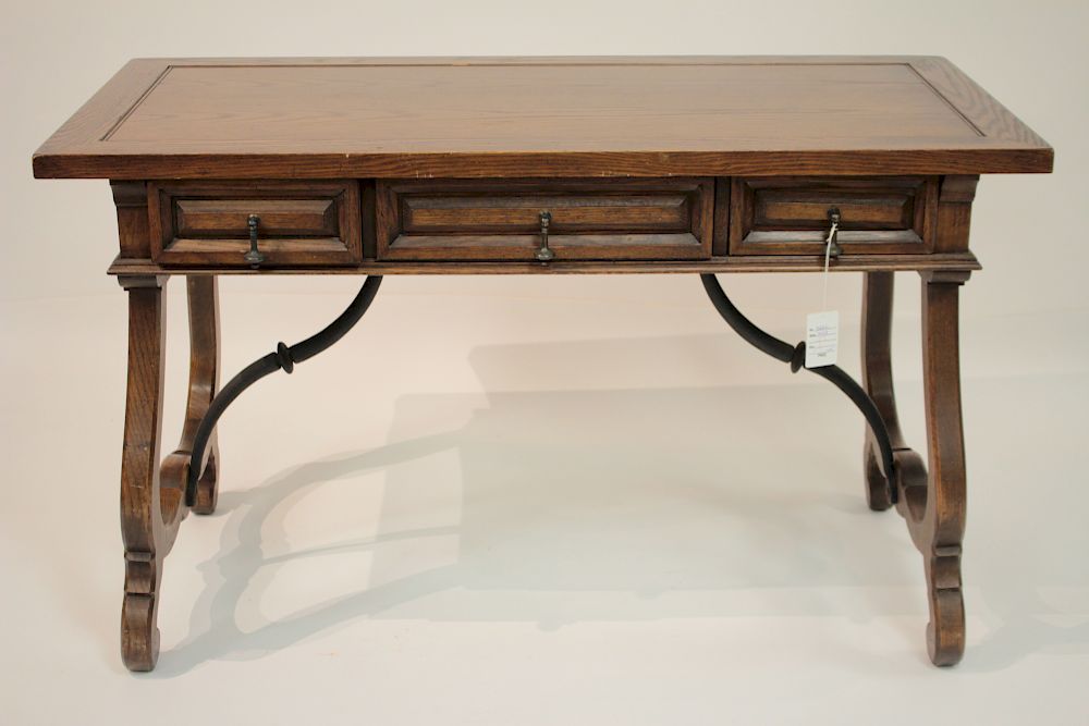 Appraisal: Spanish Baroque Style Oak Library Table Desk With drawers iron