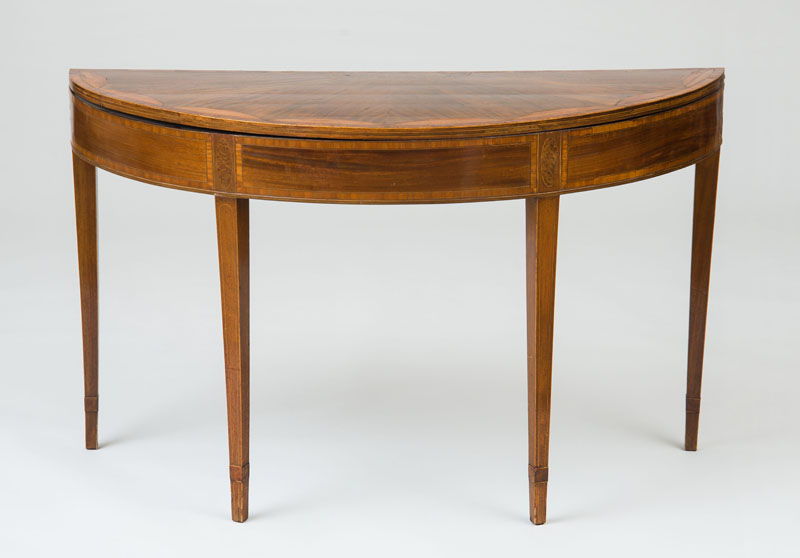 Appraisal: LARGE GEORGE III INLAID MAHOGANY DEMILUNE CARD TABLE The D-shaped