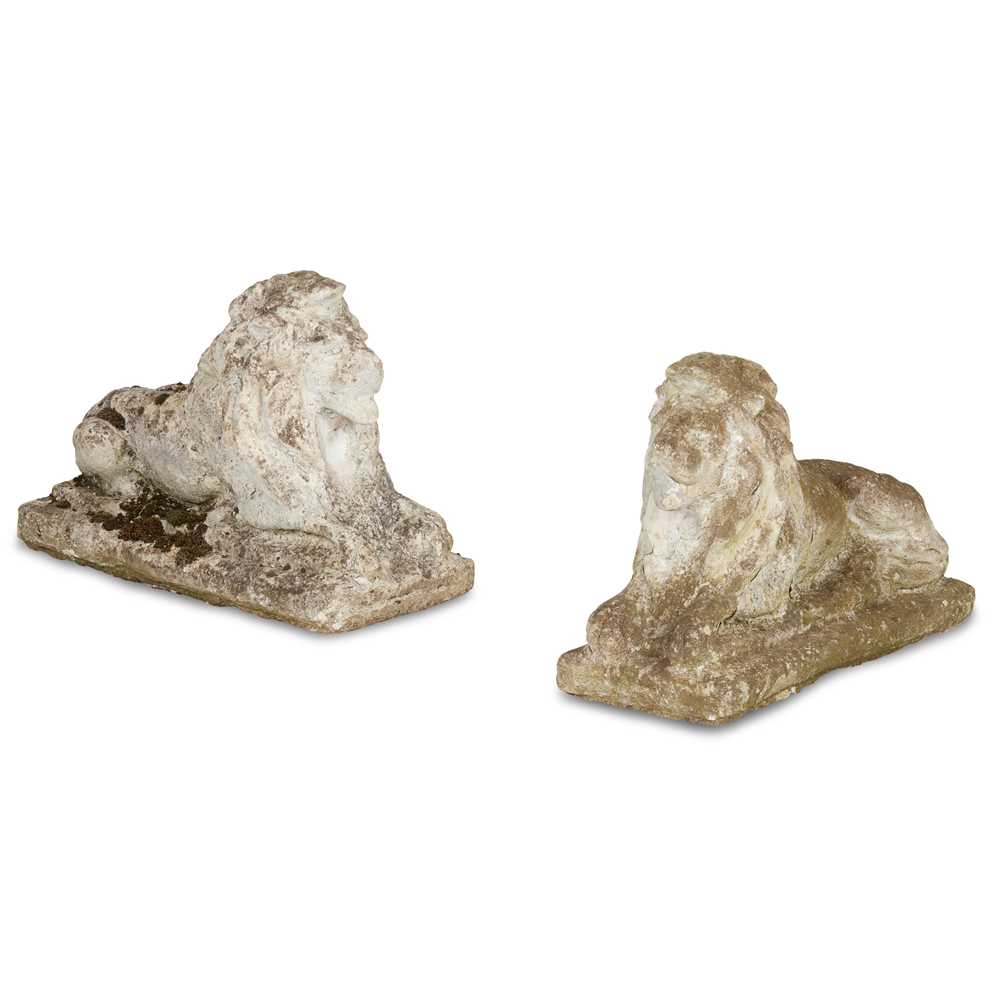 Appraisal: PAIR OF COMPOSITION STONE RECUMBENT LIONS MODERN on rectangular plinths