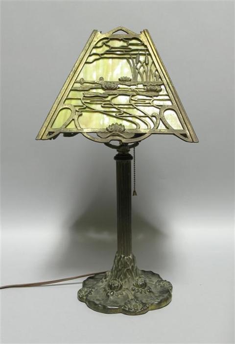 Appraisal: AMERICAN SLAG GLASS AND BRONZE LAMP With columnar standard on