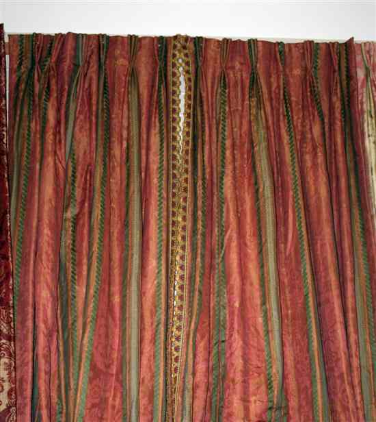 Appraisal: Three pairs of coral brocade curtains with three ornately designed