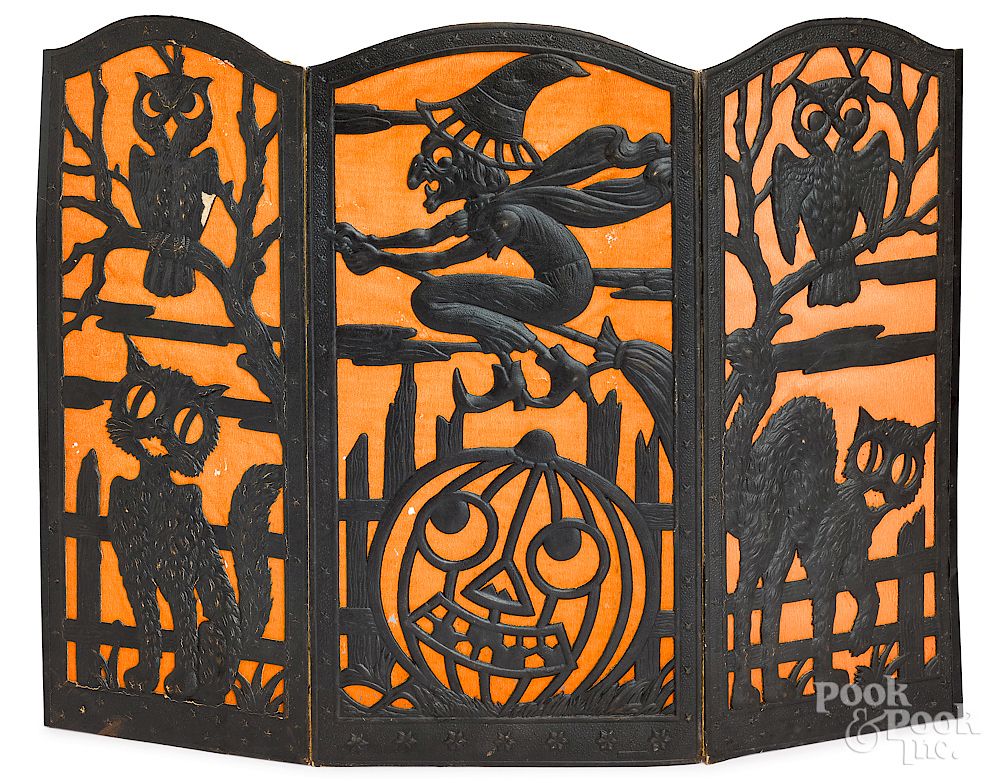 Appraisal: German folding die cut Halloween fire screen German three-section folding