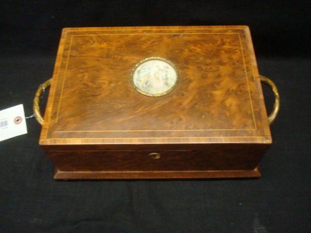 Appraisal: Antique Burl Gilt Metal Banded Box with Painted Plaque on