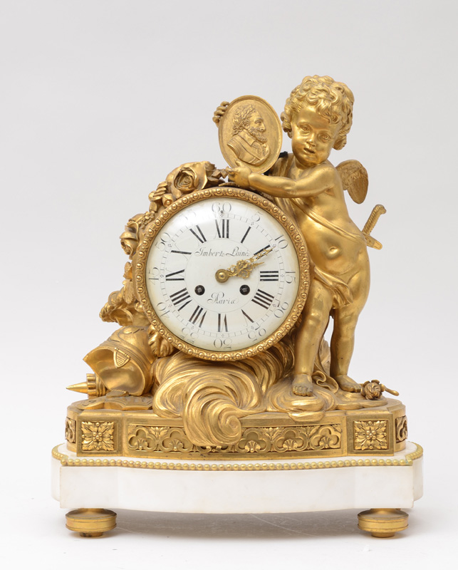 Appraisal: LOUIS XVI STYLE GILT-BRONZE FIGURAL CLOCK The enamel dial signed