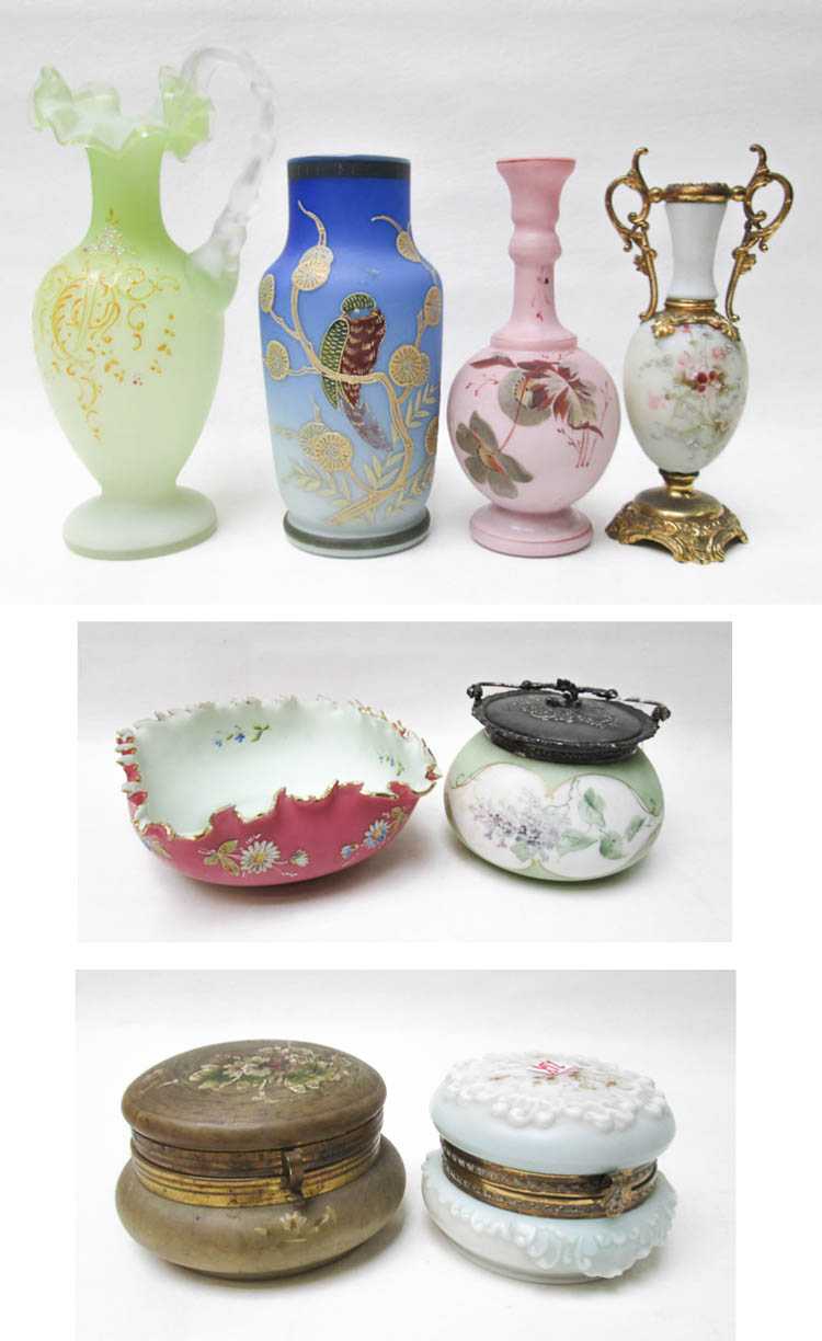 Appraisal: EIGHT SATIN GLASS ITEMS embellished with hand enameled motifs including