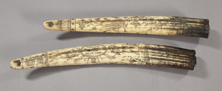 Appraisal: Large Pair of Faux-Walrus Ivory Scrimshaw Tusks one carved with