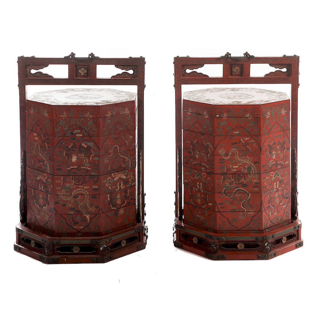 Appraisal: Pair Chinese Lacquer Dowry Boxes th century seven layer octagonal