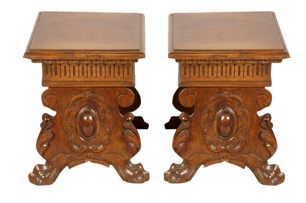 Appraisal: PAIR OF RENAISSANCE STYLE END TABLES th century each with