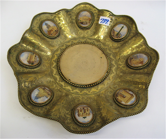 Appraisal: FRENCH GILT METAL PEDESTAL BOWL INSET WITH EIGHT MINIATURE OVAL