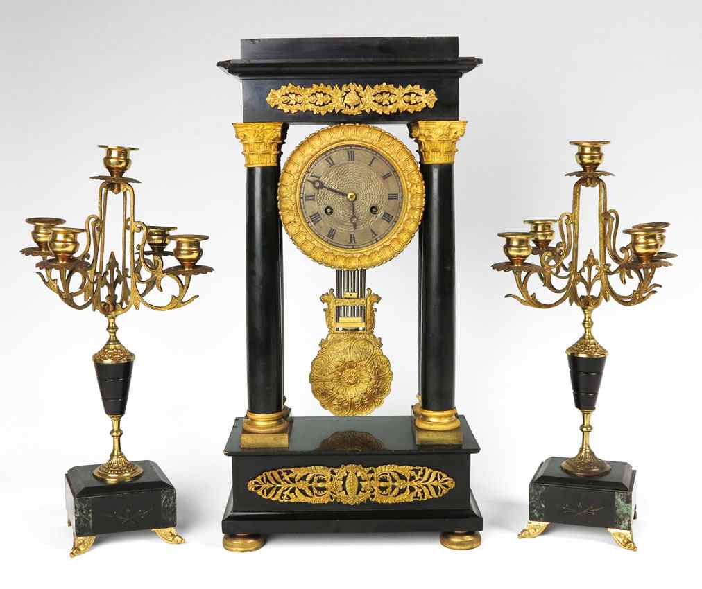 Appraisal: FRENCH EMPIRE STYLE PORTICO CLOCK GARNITURE SET Slate case with