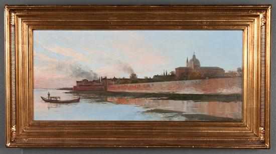 Appraisal: Continental School th century River Shore Scene with Walled City