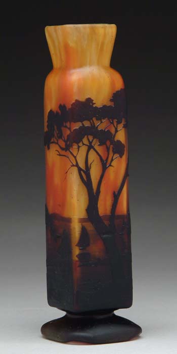 Appraisal: DAUM CYLINDER VASE Nautical scene as viewed from shore through