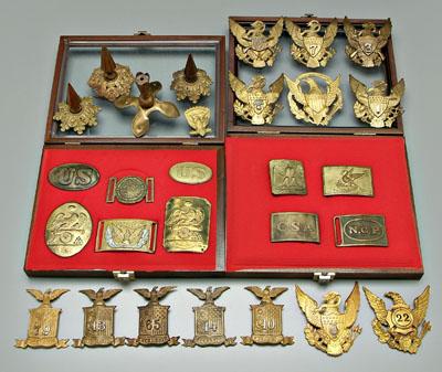 Appraisal: pieces military insignia brass mounts eight with American eagles with