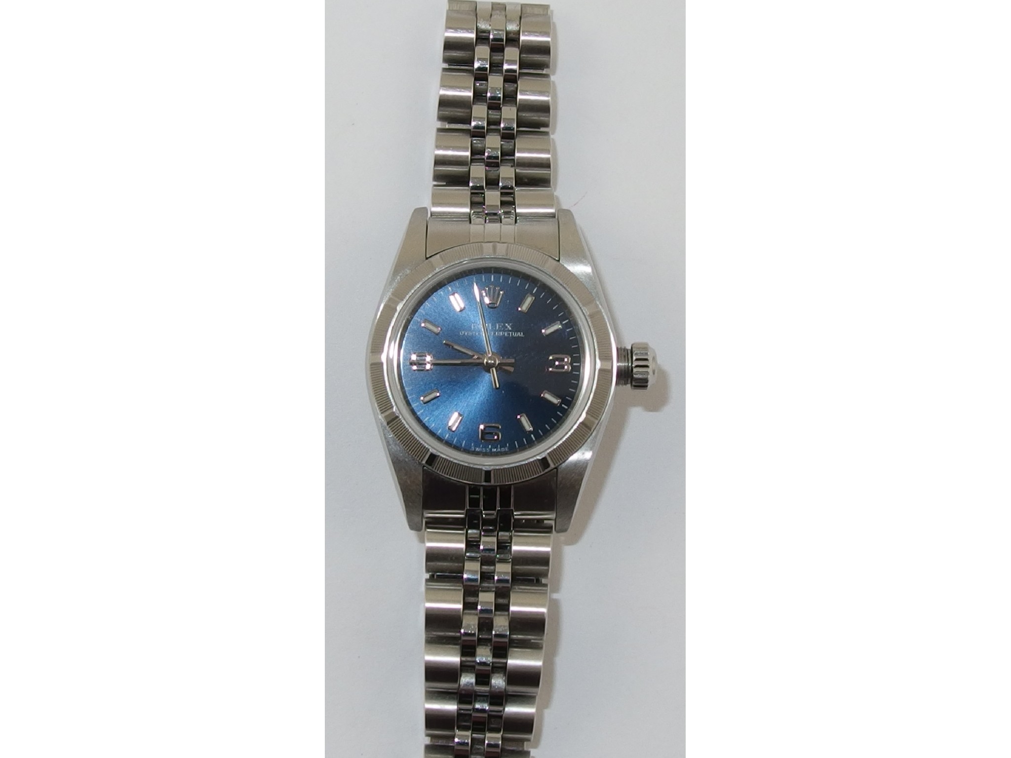 Appraisal: A ladies Stainless steel Rolex Oyster Perpetualwith brushed blue metallic