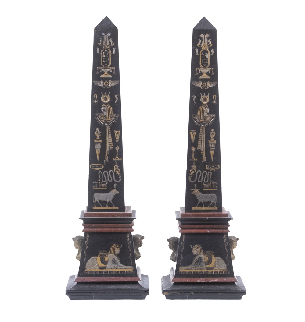 Appraisal: PR TH C EGYPTIAN REVIVAL MARBLE OBELISKS Pair of Bronze