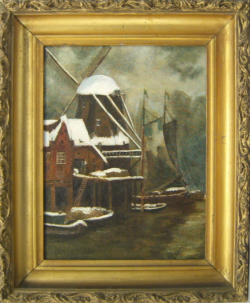 Appraisal: Oil on canvas scene early th c with a windmill