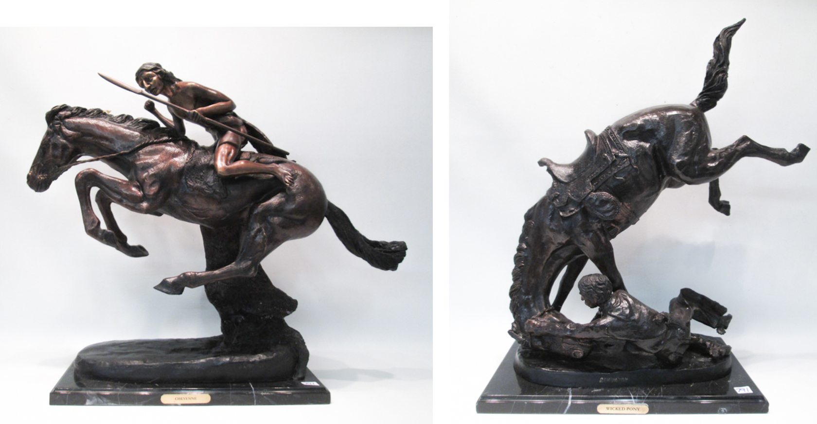 Appraisal: TWO PATINATED BRONZE SCULPTURES depicting figures and horses after Frederic